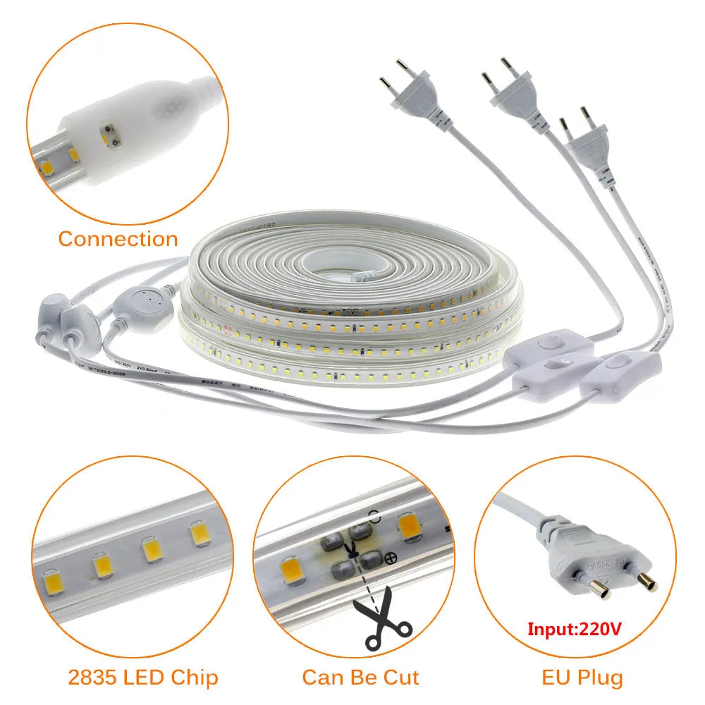 LED patch light strip 120 LEDs per metre 220V waterproof indoor lighting warm white or white with plug