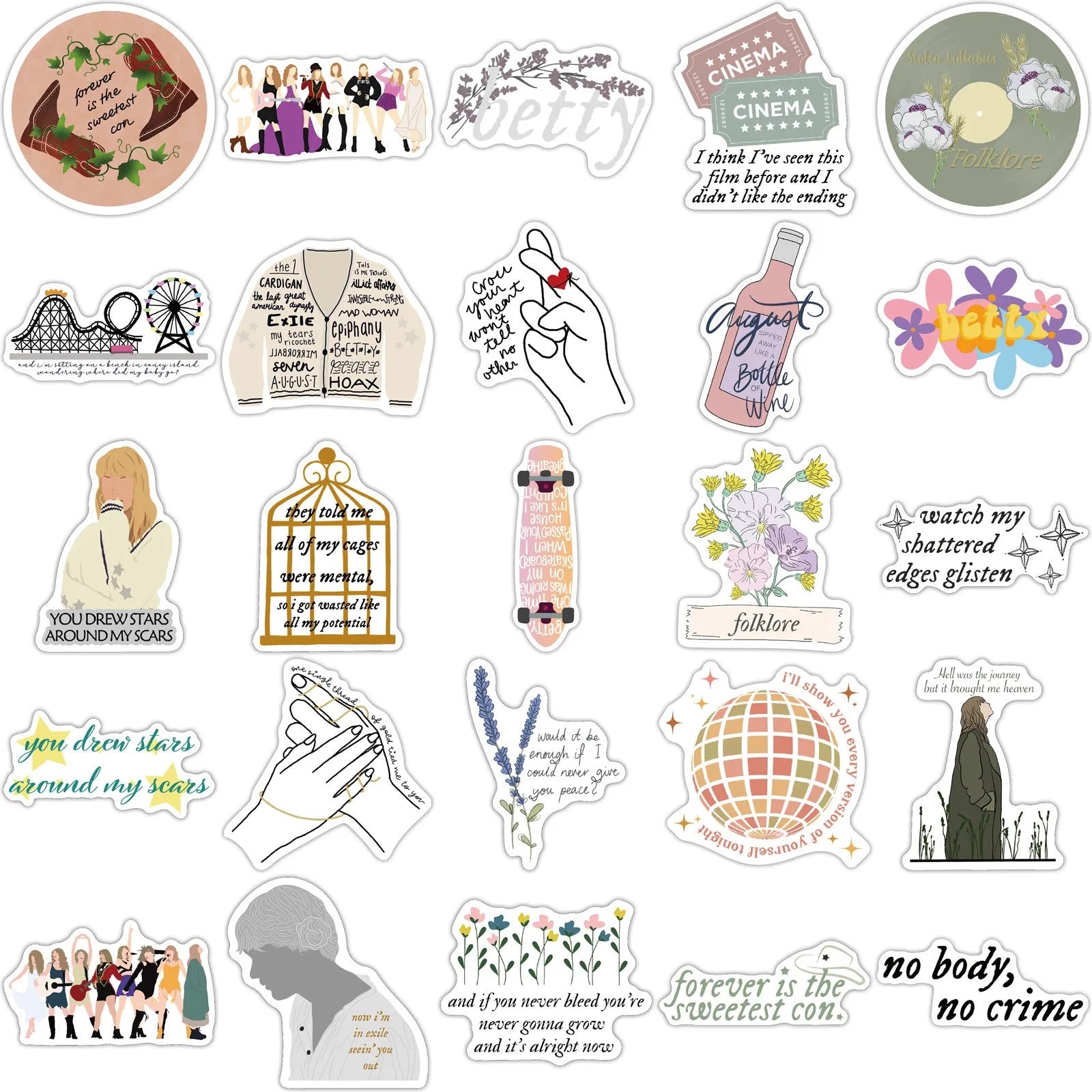 50 waterproof graffiti and cartoon stickers for luggage and notebooks, each measuring 4-6cm.
