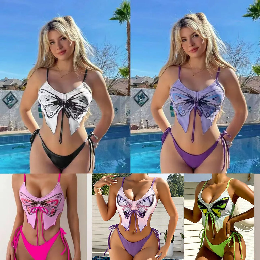 Purple women's bikini suit with a bow on the top and split-style briefs.