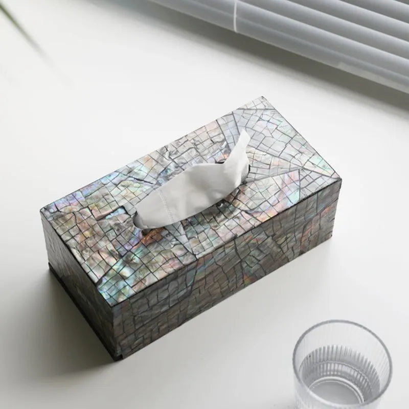 Black natural shell storage box with removable divider, shown in rectangular and square shape options.