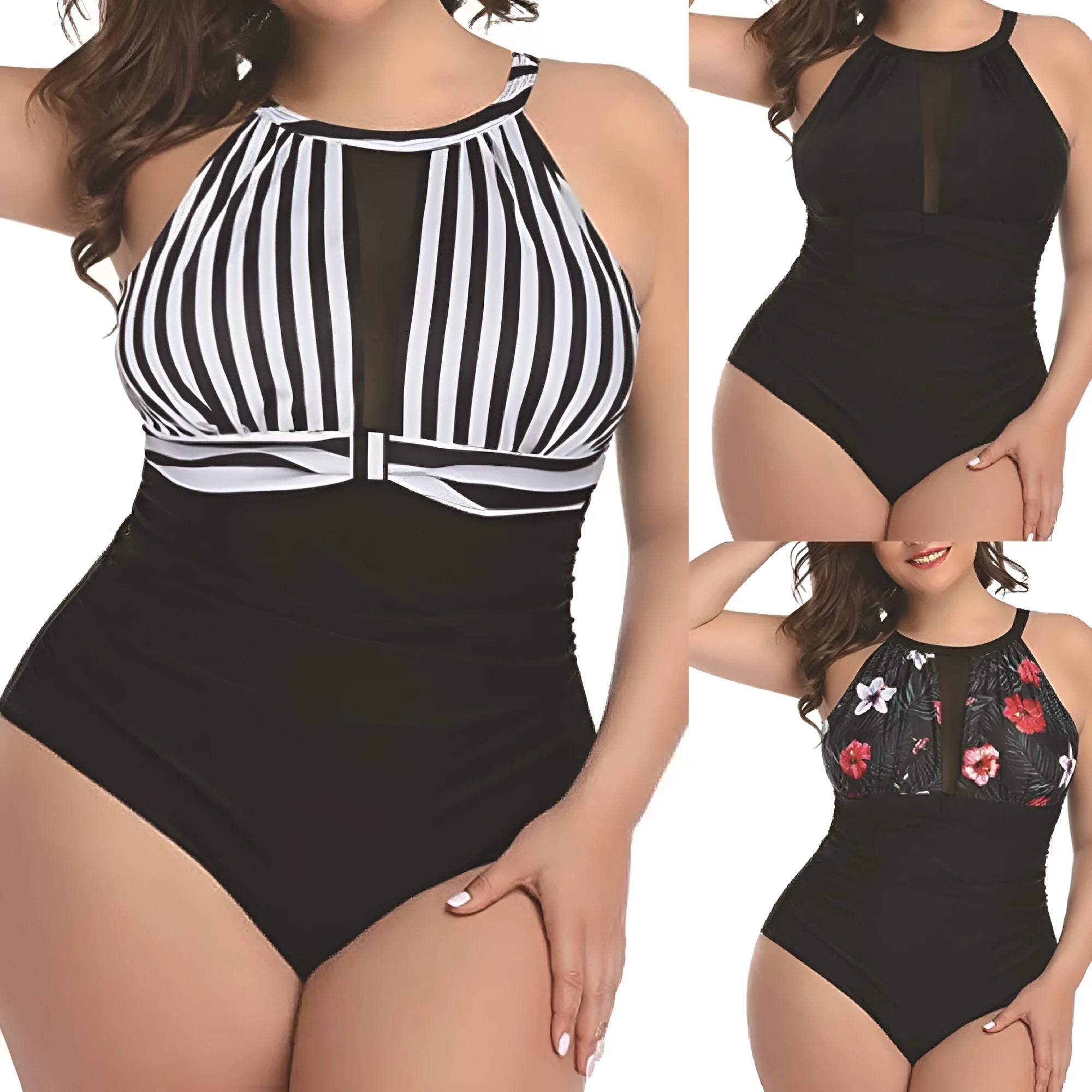 Women's black lace one-piece swimsuit on a hanger, with red floral and stripe pattern options shown.
