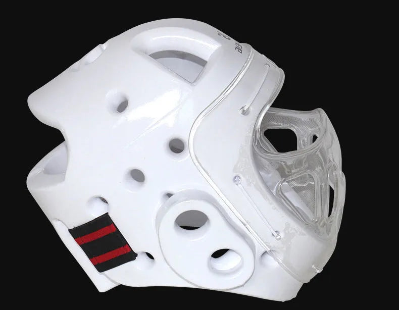 Karate training helmet for boxing head protection shown in blue, red, and white colours