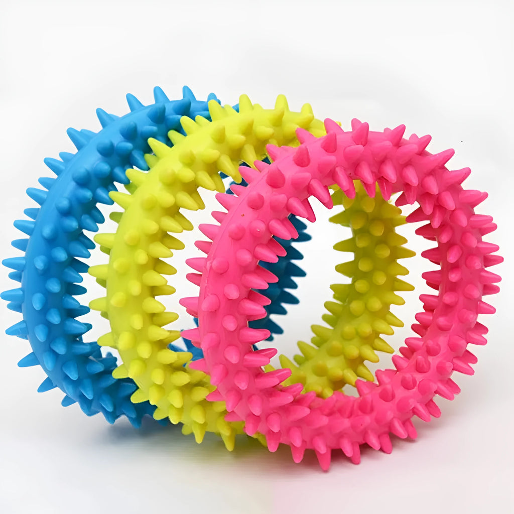 TPR spiky circle ring dog chew toy in blue with textured dental cleaning nubs
