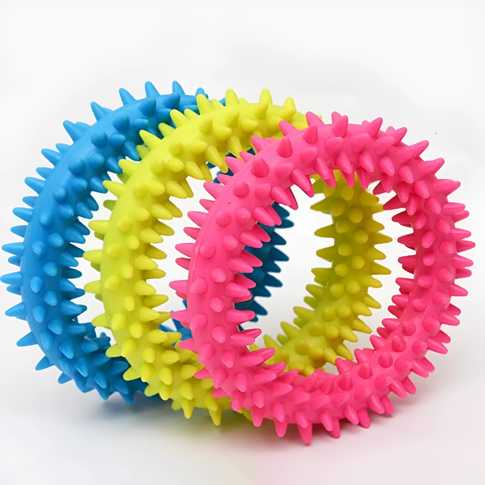 TPR spiky circle ring dog chew toy in blue with textured dental cleaning nubs
