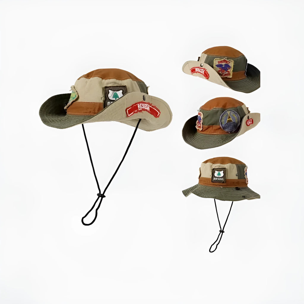 Army green cotton fisherman hat with retro patchwork details and flat top crown for summer sun protection