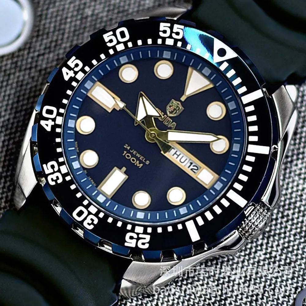 Men's silver waterproof quartz watch with luminous blue dial and steel bracelet on wrist