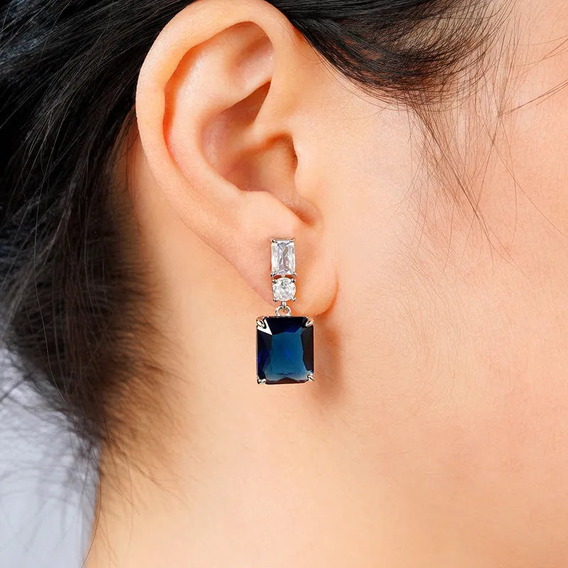 Blue contrast zircon earrings copper geometric sweet style unisex jewellery