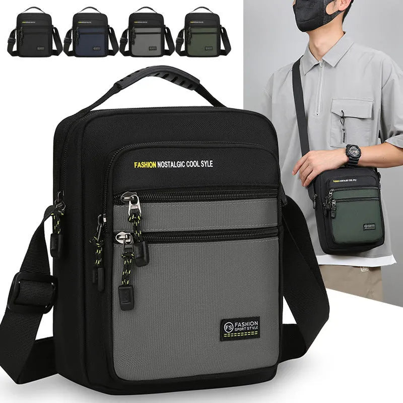 Men's nylon crossbody bag in solid colour with crossbody strap and storage compartments.