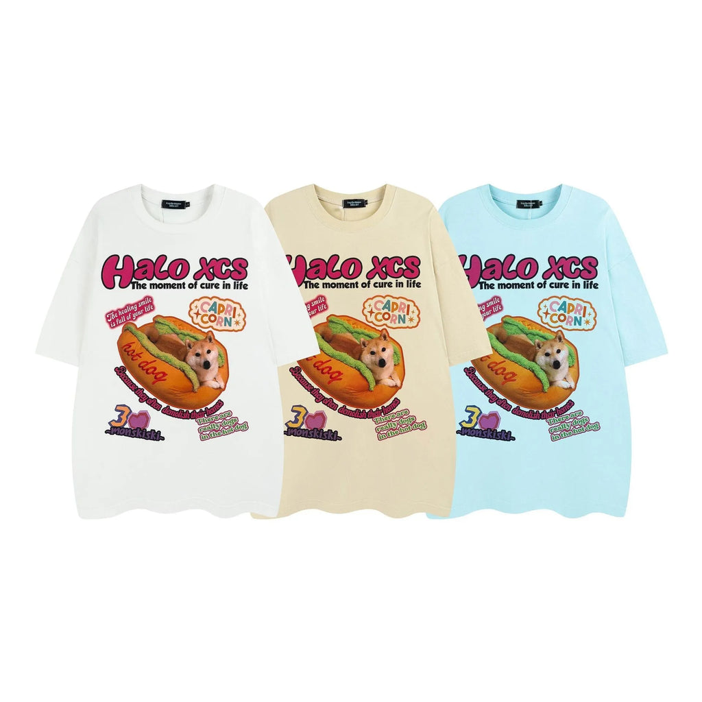 Cartoon hamburger dog printed cotton T-shirt in loose fit, shown in white colour.