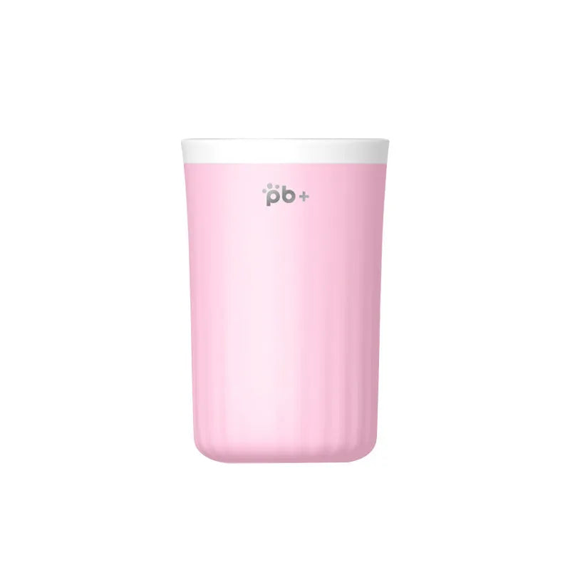 Plastic pet foot washing cup for dogs, shown in small or large and blue or pink options.