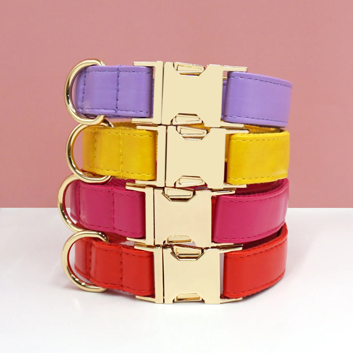 Leather dog collar with colour-block velvet design shown in multiple colour options