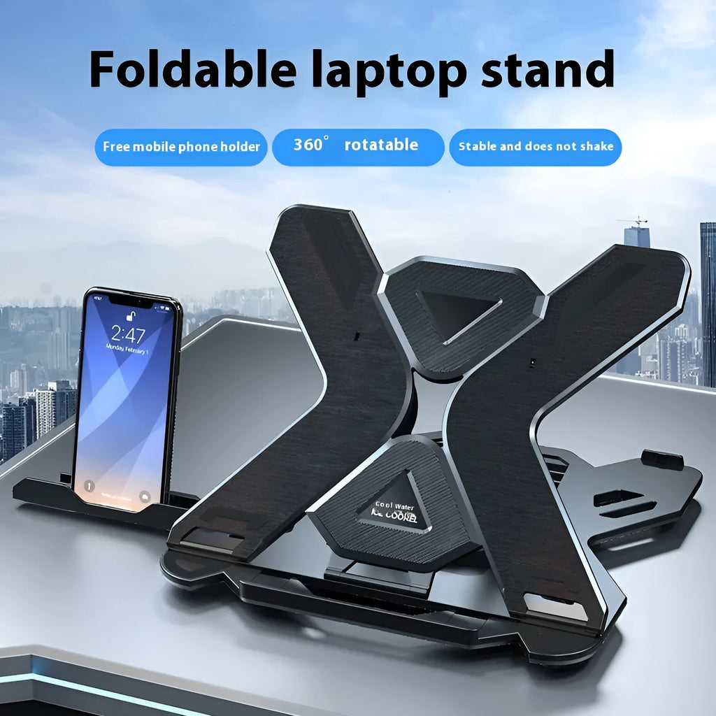 Black and white laptop bracket stand on a desk, showing its 300mm by 200mm size and low profile.