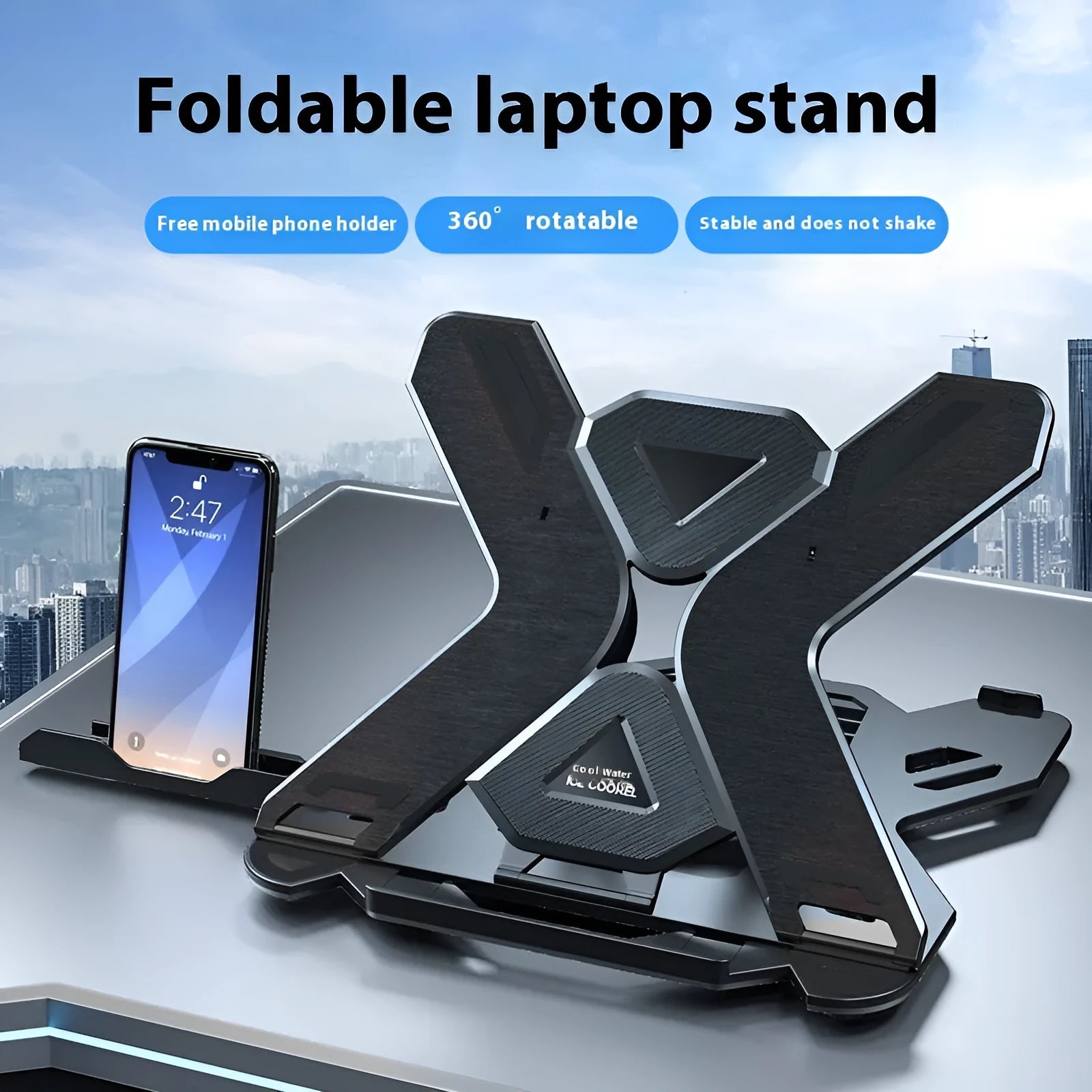 Black and white laptop bracket stand on a desk, showing its 300mm by 200mm size and low profile.