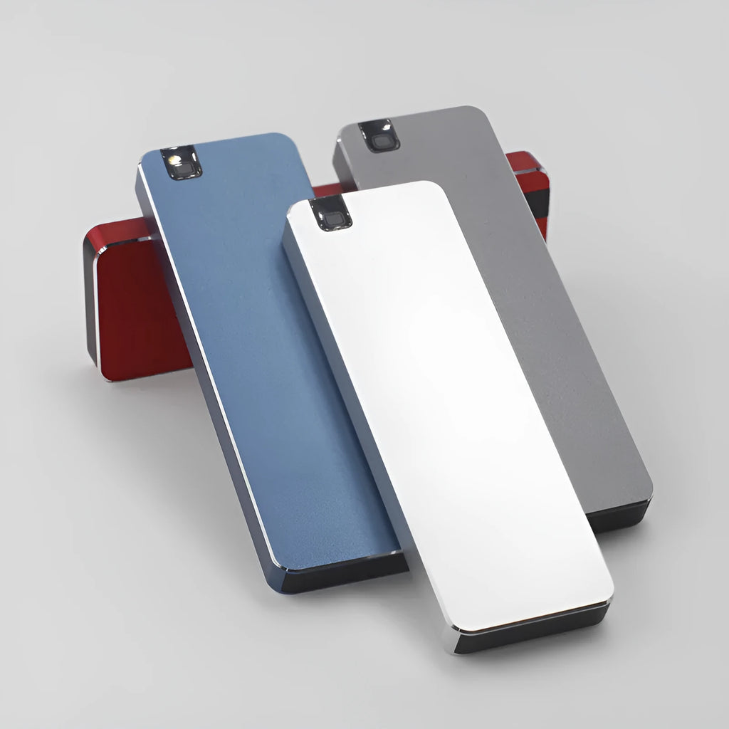 External metal SSD hard drive with USB 3.1 cable in black grey, blue, red, or silver