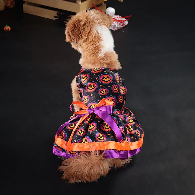Halloween dog skirt with colourful pumpkin pattern, double-layer polyester construction
