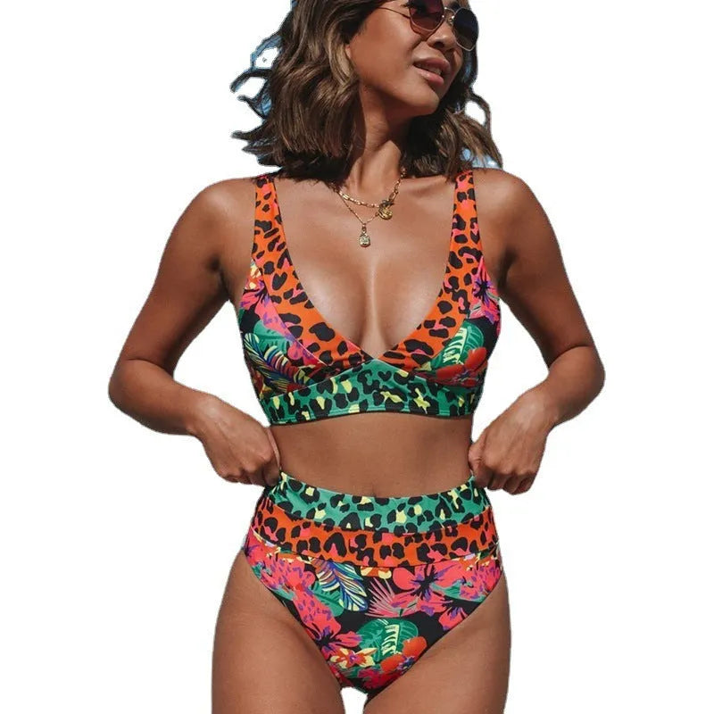 Women's floral print high waist bikini swimsuit set on a mannequin