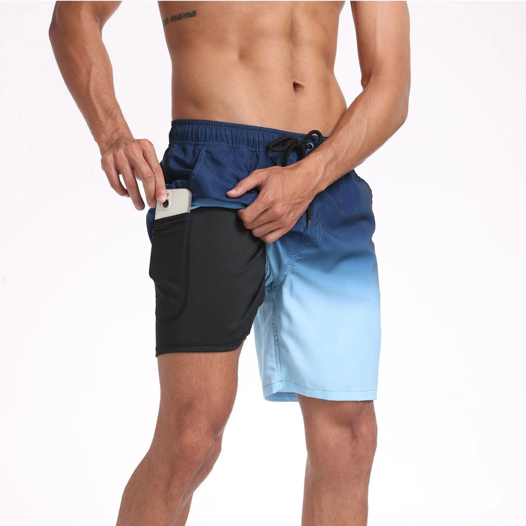 Men's summer shorts in six patterns, polyester blend, S to 5XL, for holiday and beach wear.