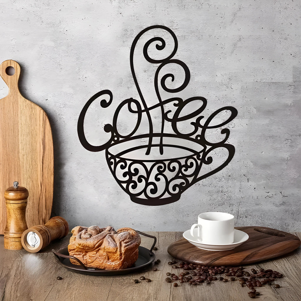 Black wrought iron wall ornament with English letter silhouettes measuring 26x28cm