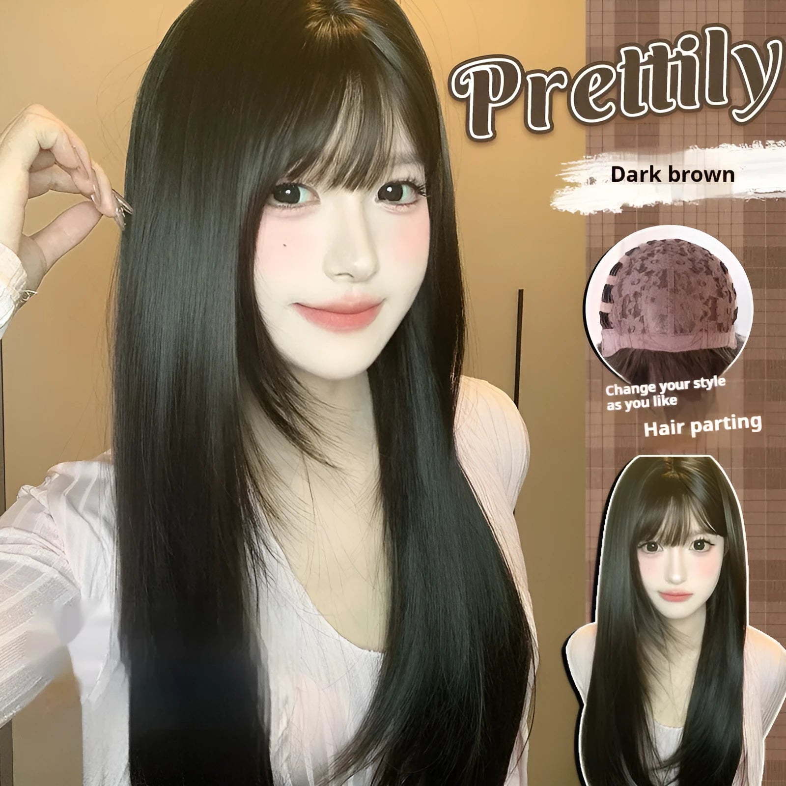 Dark brown synthetic long straight wig with bangs on wig head