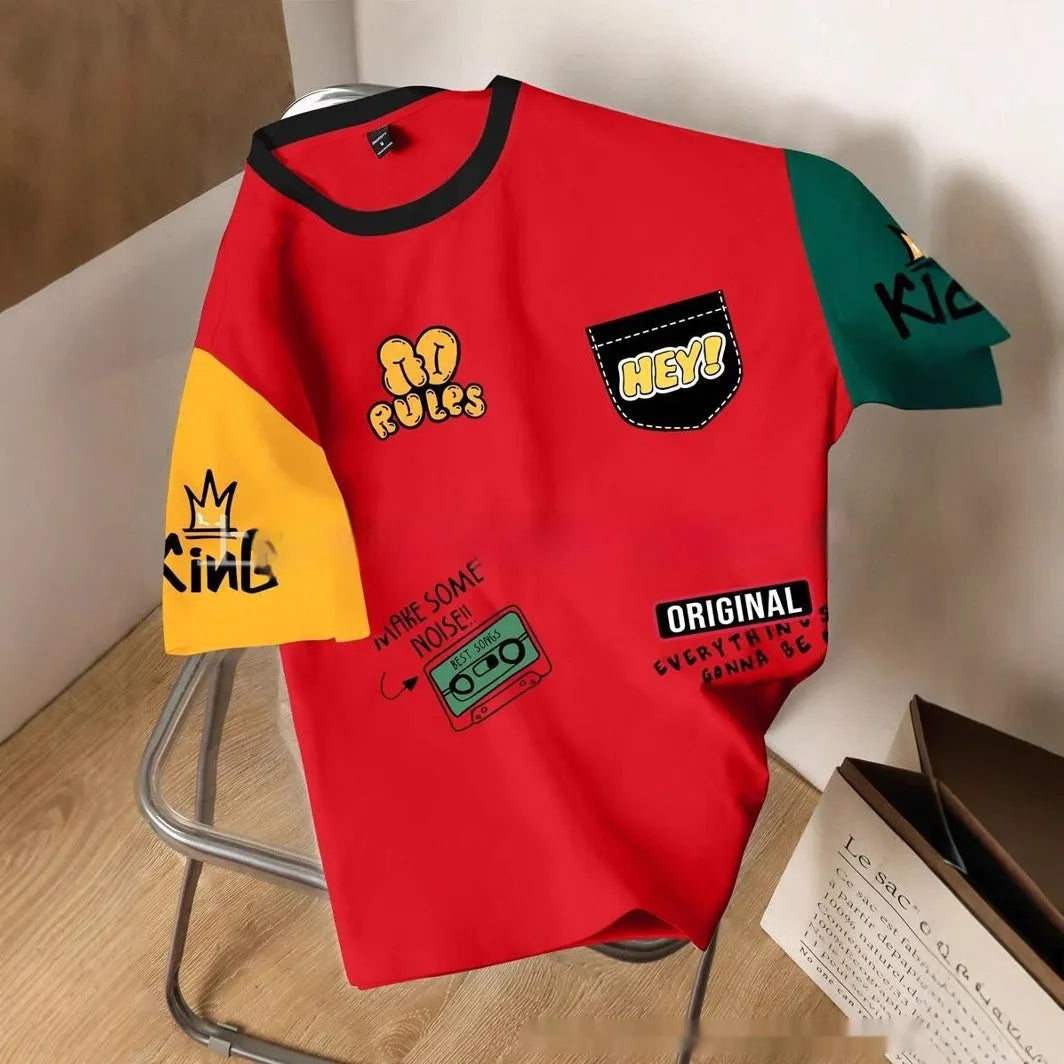 Men's printed casual t-shirt in polyester with letter pattern design and loose fit styling
