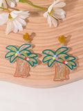 Acrylic drop earrings shaped like a strawberry, cherry, watermelon, pineapple, cake, ice cream, and coconut tree on a white background.
