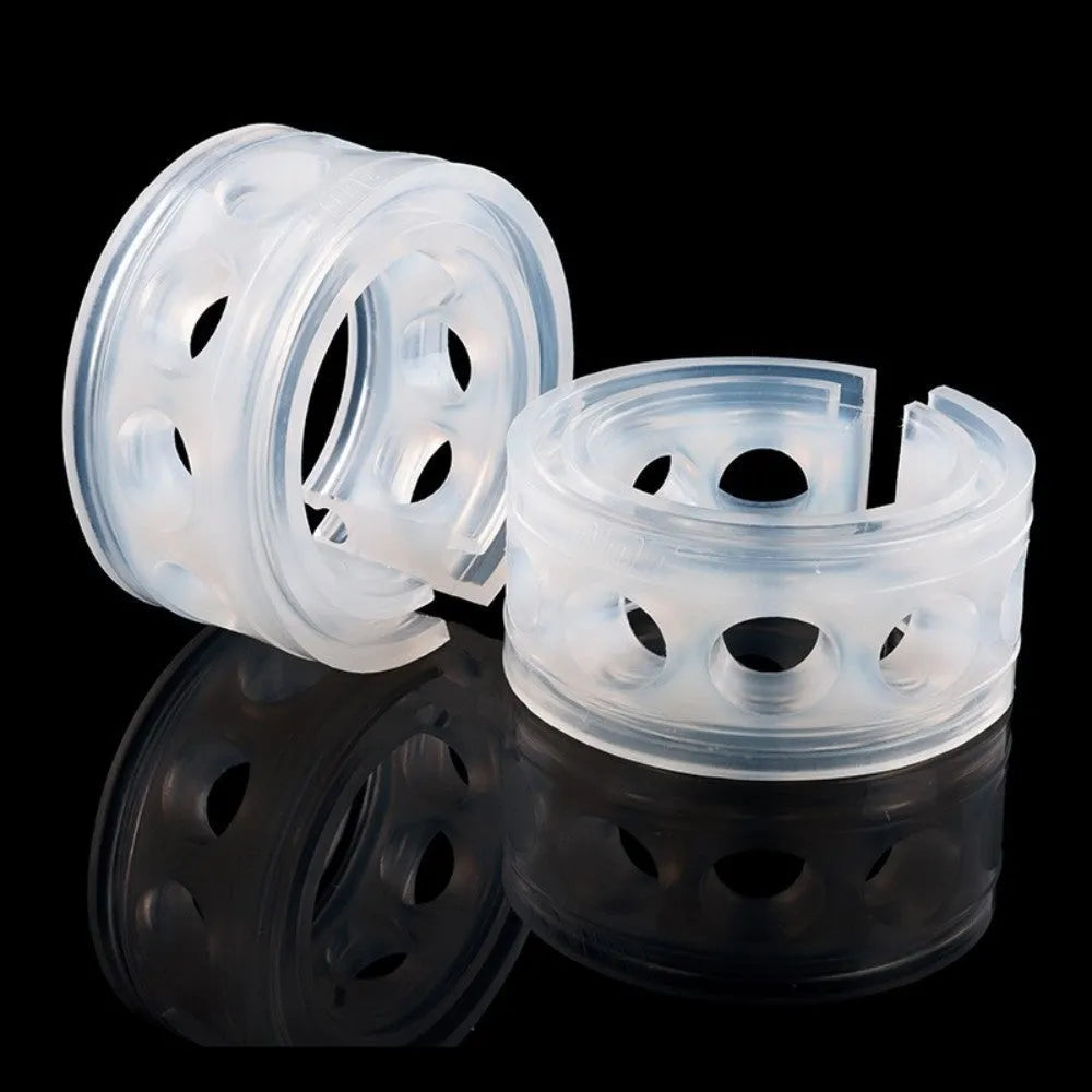 Two transparent rubber spring shock absorber buffers for car modification, shown with size measurement diagram.