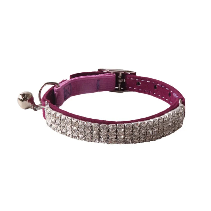 Flocking material cat collar with elastic buckle and gang drill decoration in six colour options