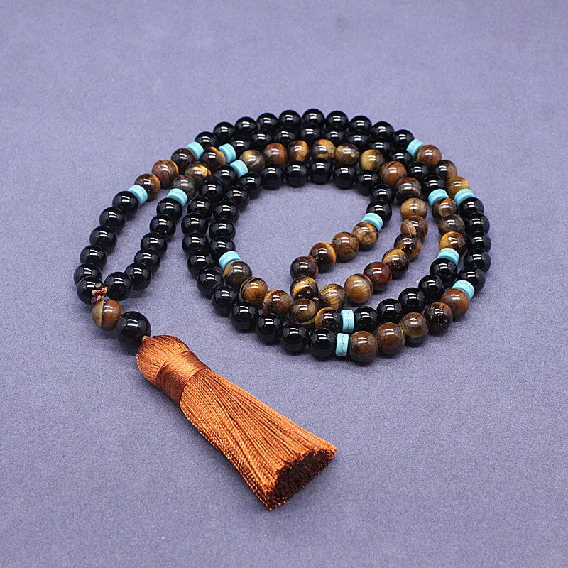 Natural black agate bracelet and tiger-eye stone necklace set with geometric design