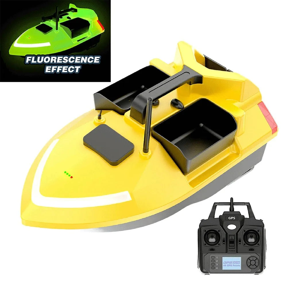 GPS positioning remote control fishing boat in luminous yellow with remote control unit and handbag
