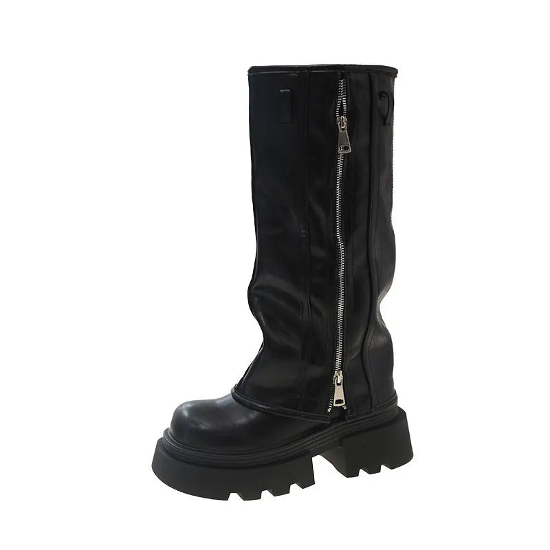 Women's black platform muffin pants Martin boots with high cylinder design and square heel