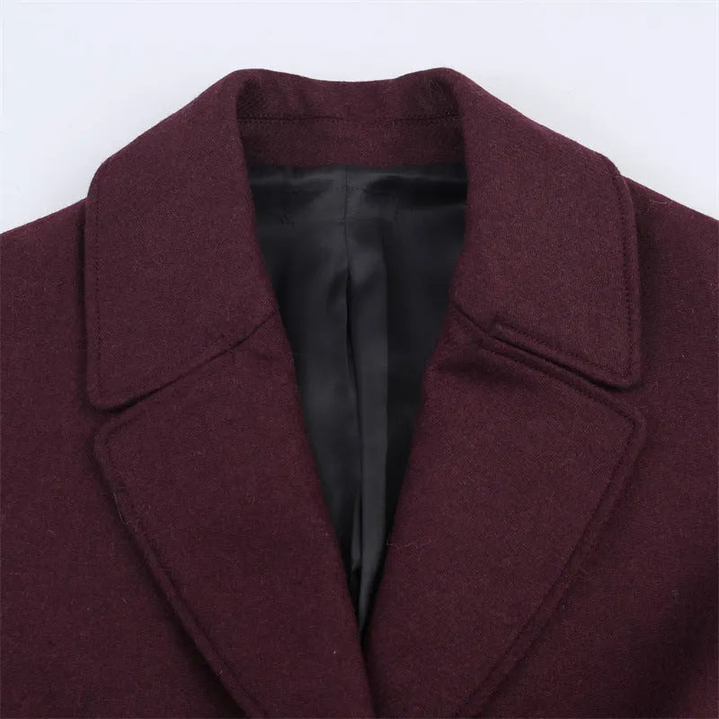Women's loose fit wine red spandex long overcoat for commute