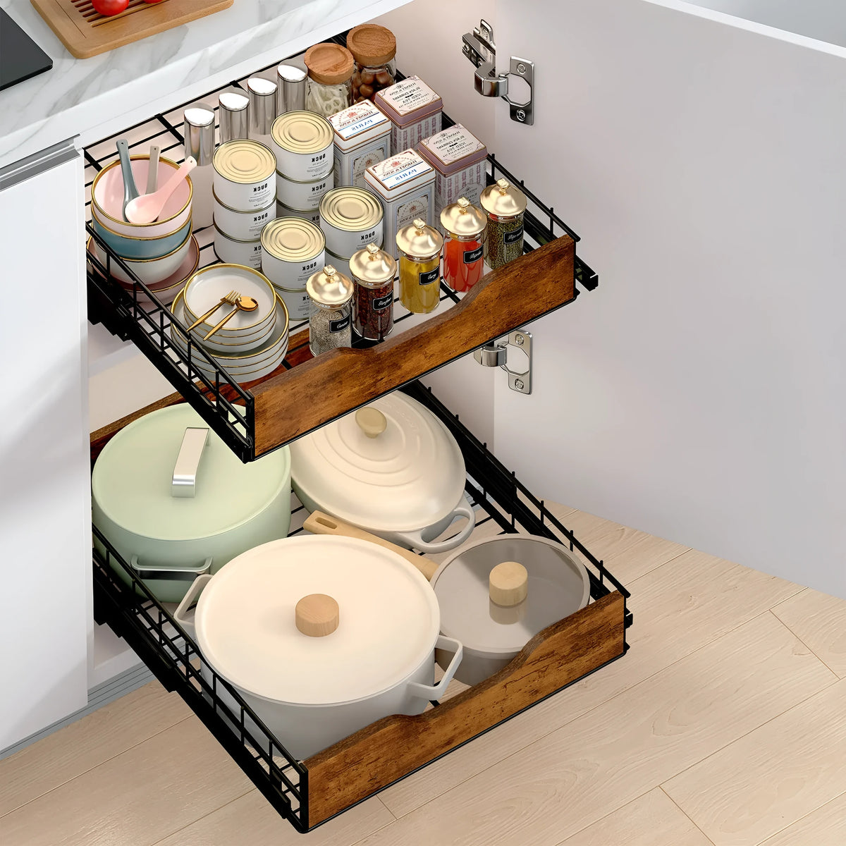 Black household storage rack with pull basket, made from wood and iron, for kitchen and pantry organisation.