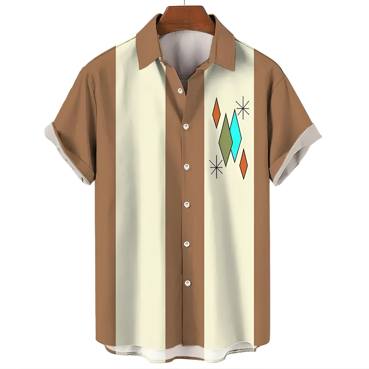 Men's striped Hawaiian casual shirt with button front and short sleeves in polyester fabric