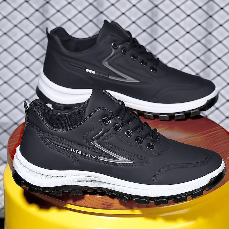 Waterproof leisure sports shoes with soft bottom, artificial PU upper, high mouth above 11cm, black red or black gray