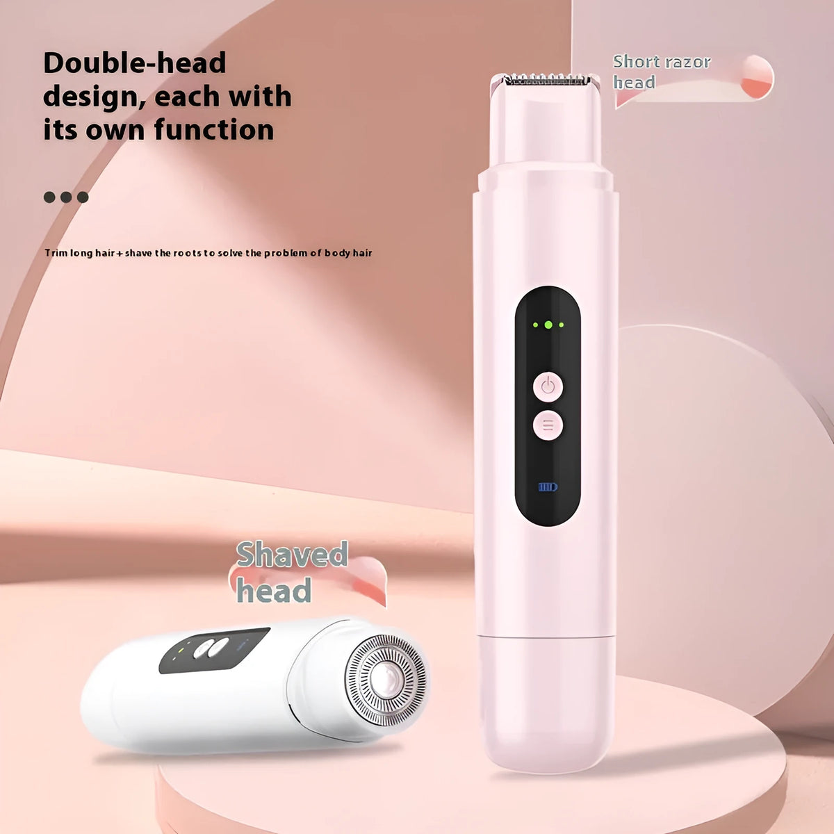 Pink and white portable electric body hair trimmer with USB cable and floating blade depilator