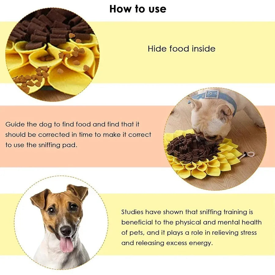 Yellow sunflower-shaped dog snuffle mat with rope attachment for nosework training