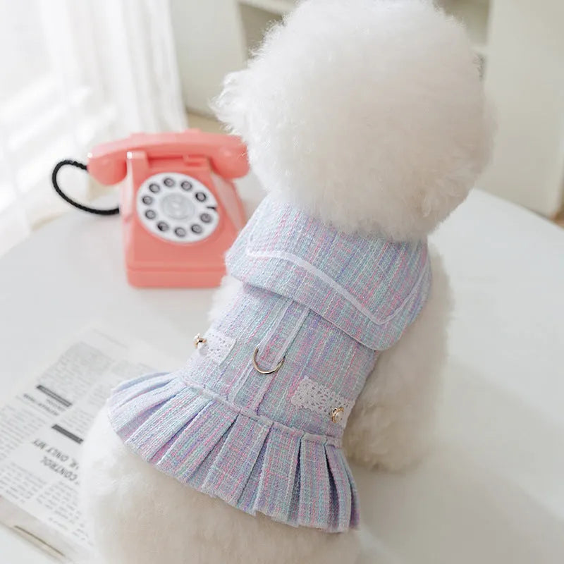 Salem purple and pink polyester pet clothing for cats and small dogs, shown in sizes S, M, L, XL.