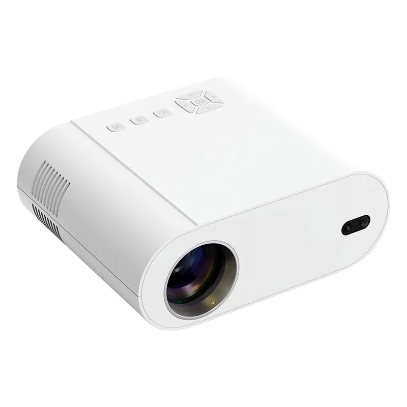 White Full HD smart projector with remote control on a table