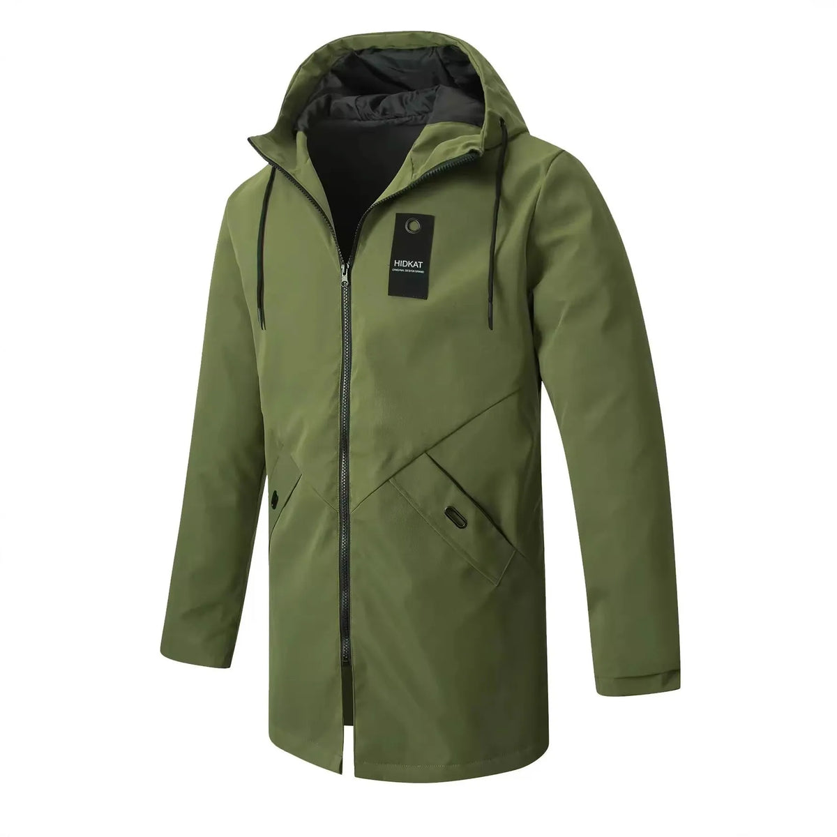 Men's mid-length hooded shell jacket in grey polyester fibre with long sleeves and windproof design