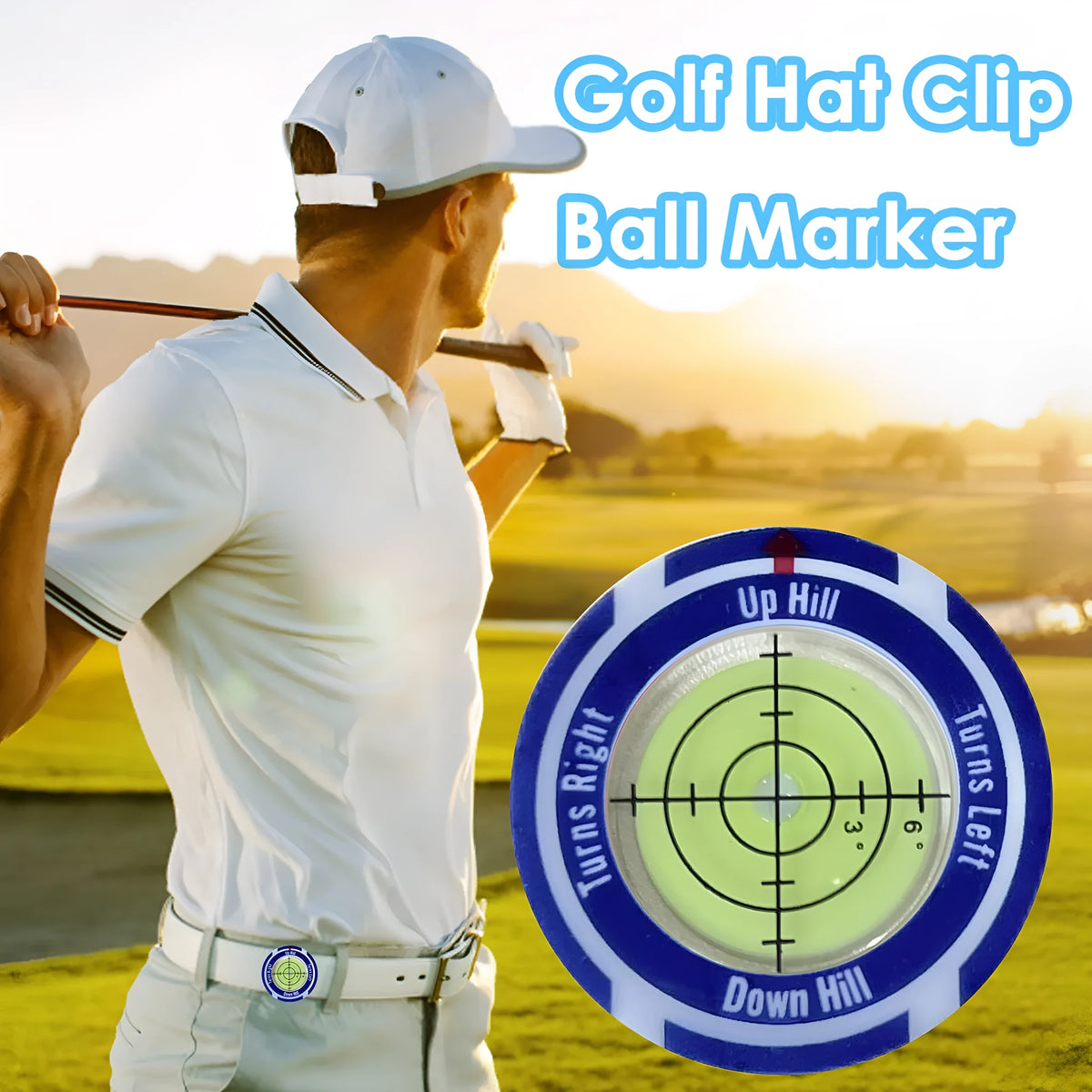 Golf level hat clip with green water display attached to golf hat brim