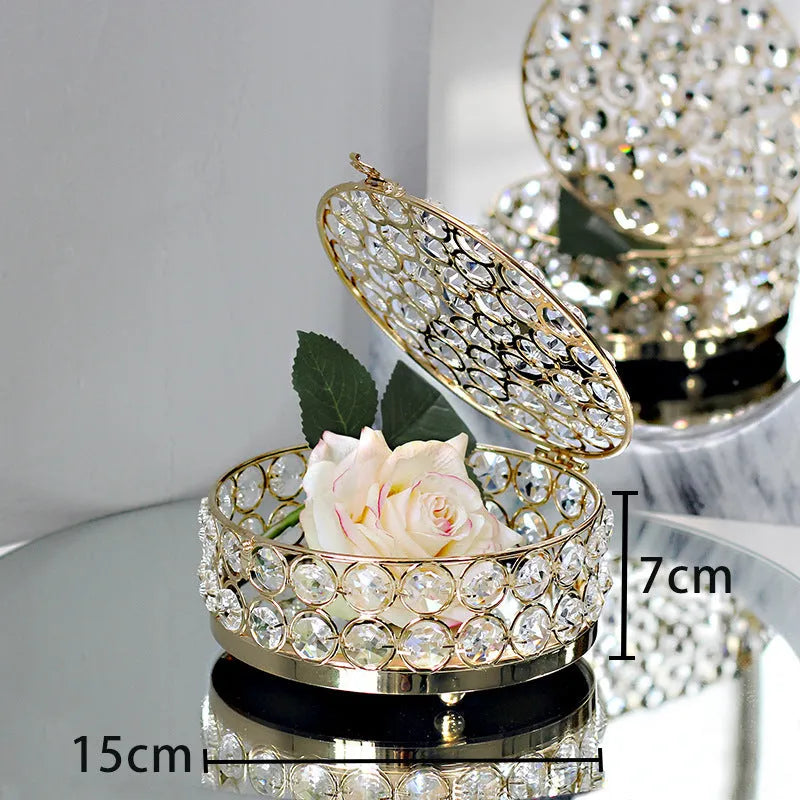 French gold metal jewellery box with transparent crystal glass panels showing jewellery inside
