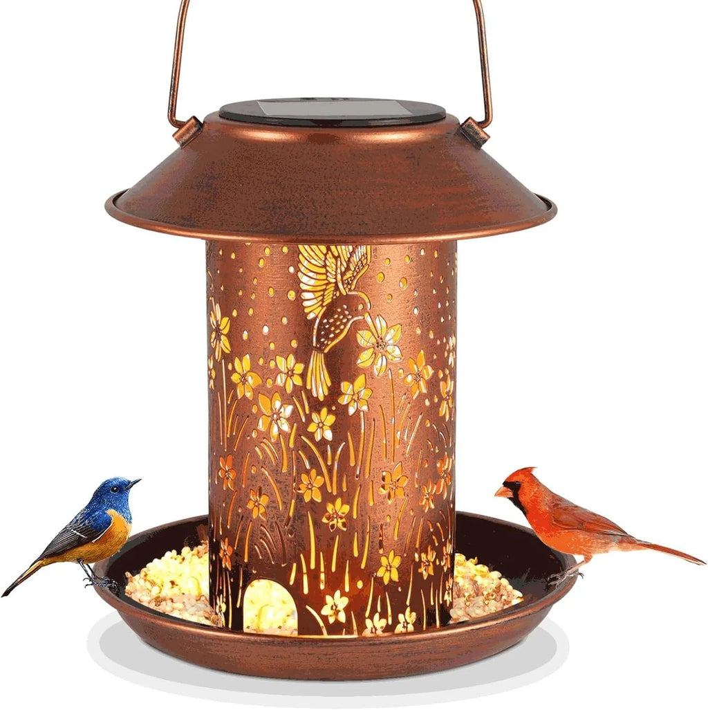 Hummingbird pattern solar-powered iron bird feeder and garden lamp with waterproof construction