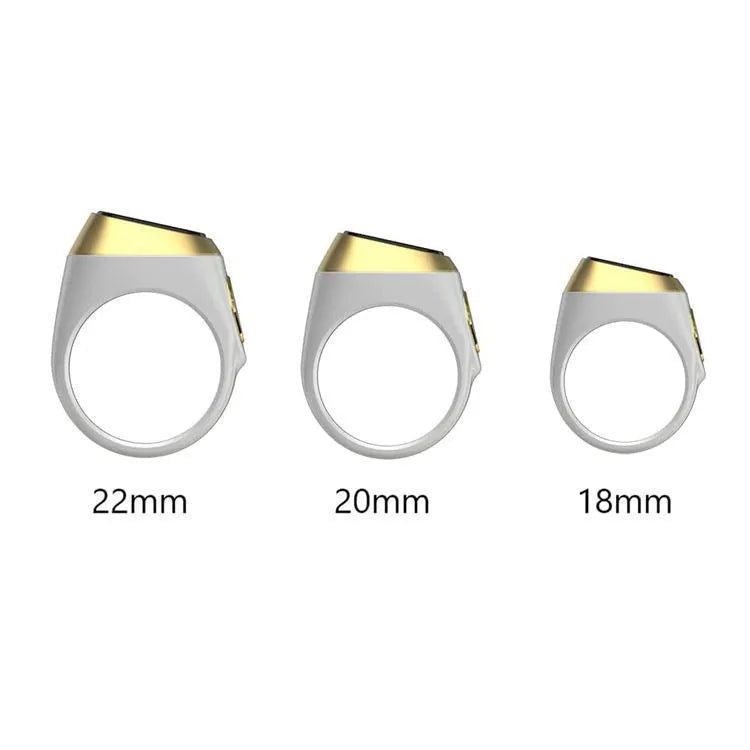 Zikr1 smart ring in black, green, rose gold, or silver on a charging case with USB cable