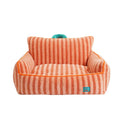 Striped soft velvet pet bed with removable cover in orange, purple, and yellow colour options
