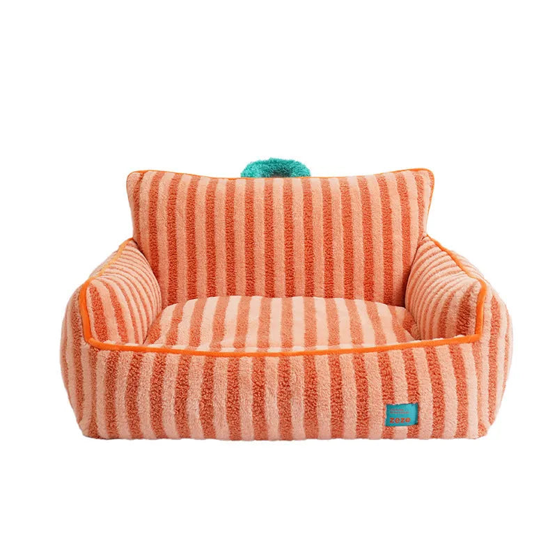 Striped soft velvet pet bed with removable cover in orange, purple, and yellow colour options