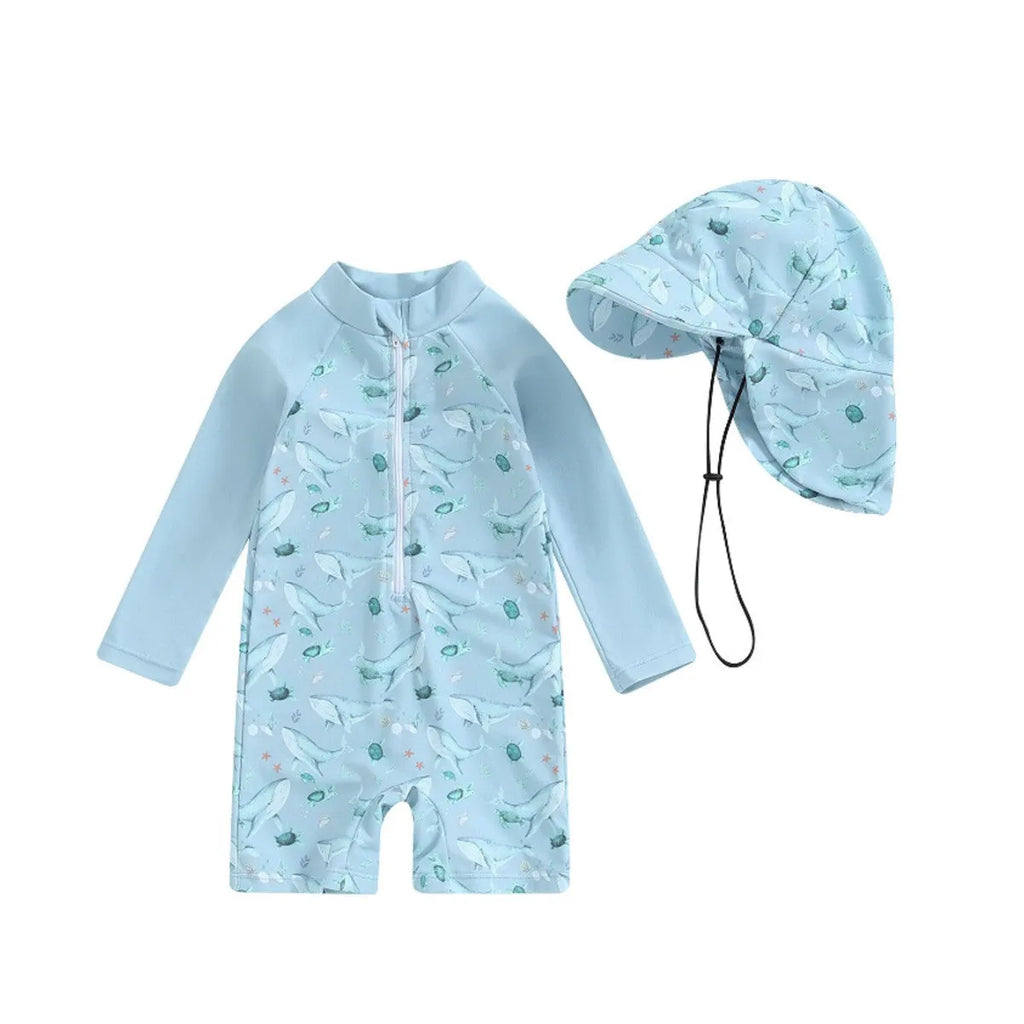 Girls long-sleeve one-piece swimsuit with attached hat in ivory white, light green, or slabstone grey, sizes 70-110