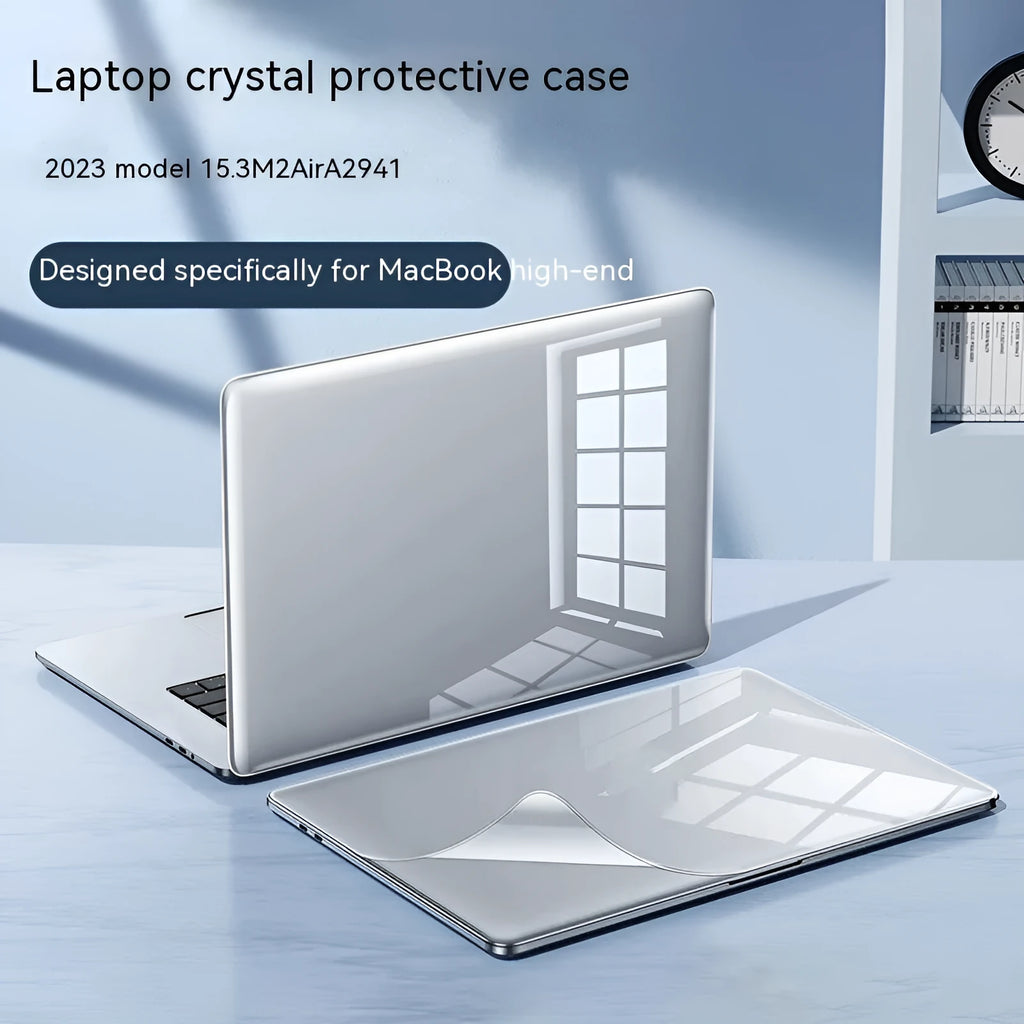 MacBook protective case in plastic shell, shown in crystal black and transparent options, fitted on a MacBook laptop