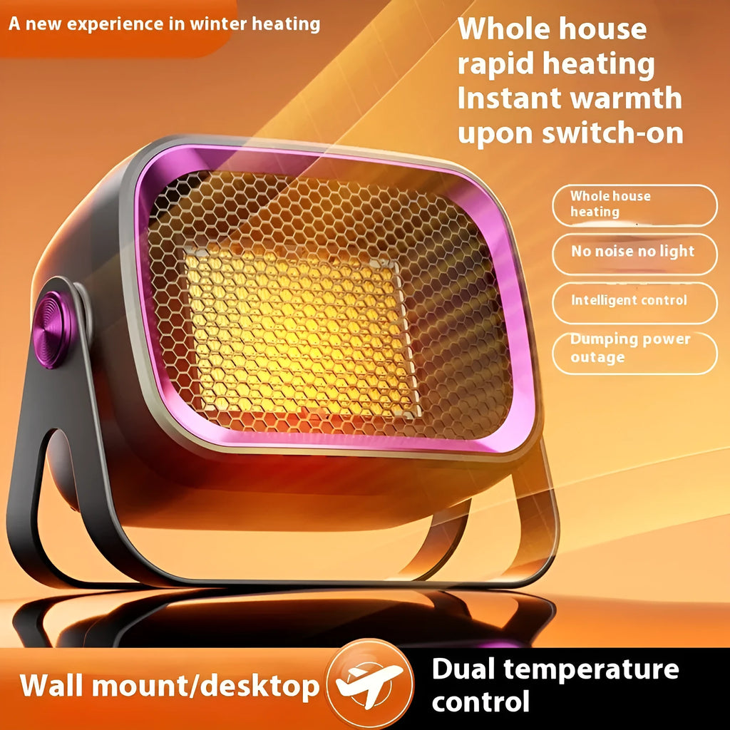 White rotatable desktop PTC ceramic heater showing control buttons and air outlet.