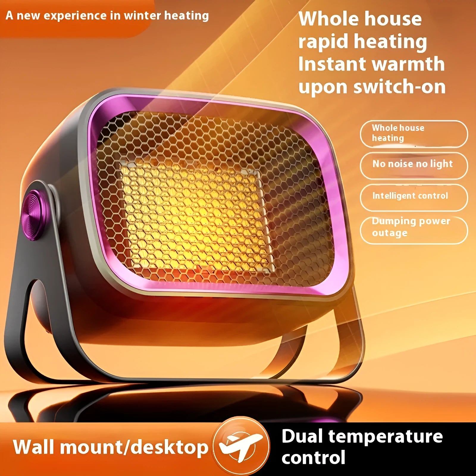 White rotatable desktop PTC ceramic heater showing control buttons and air outlet.