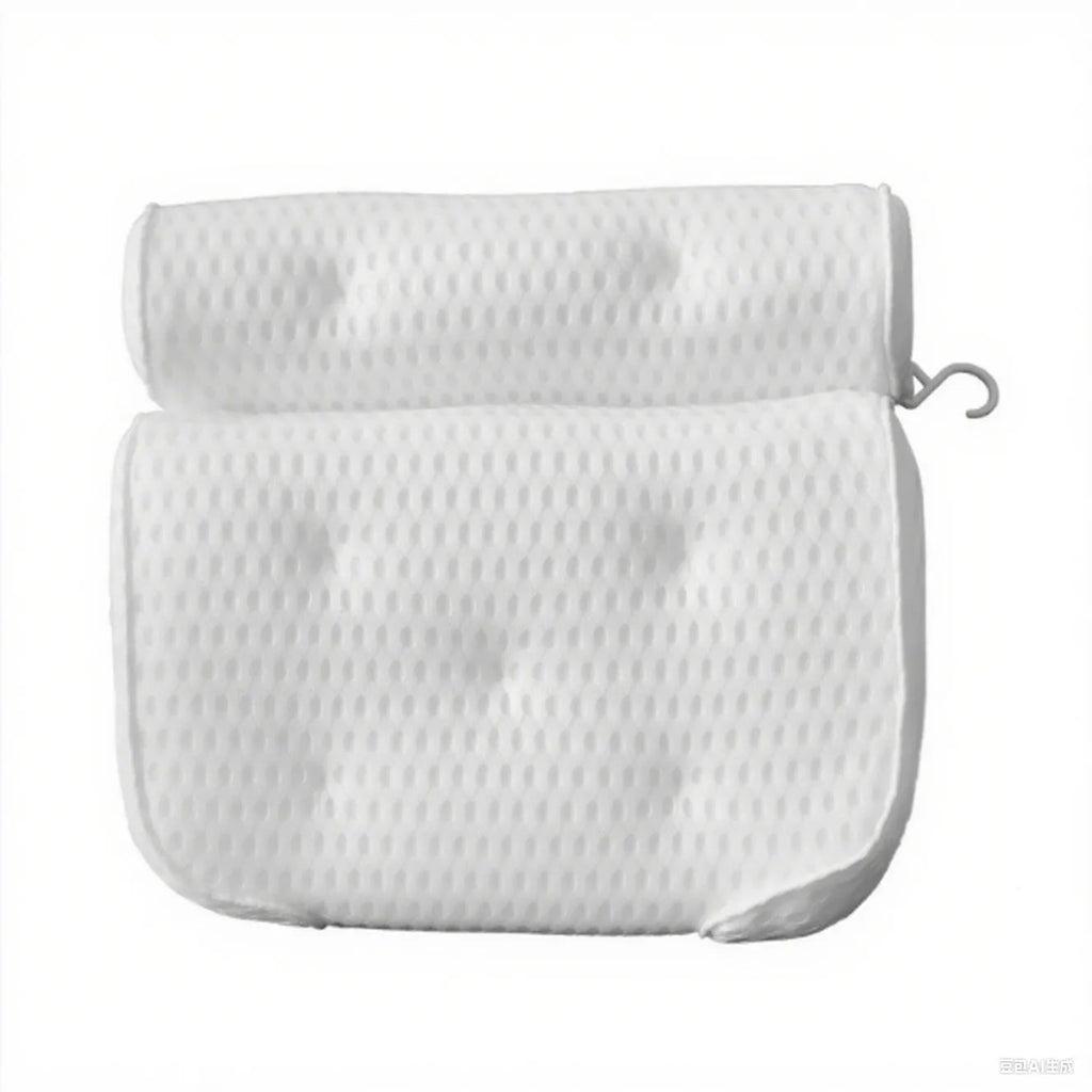 White bathtub pillow with 4D mesh and seven suction cups on a bath mat.
